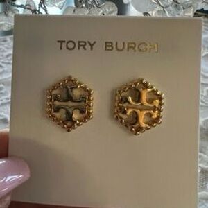 NWT Tory Burch Gold Hexagon Logo Earrings